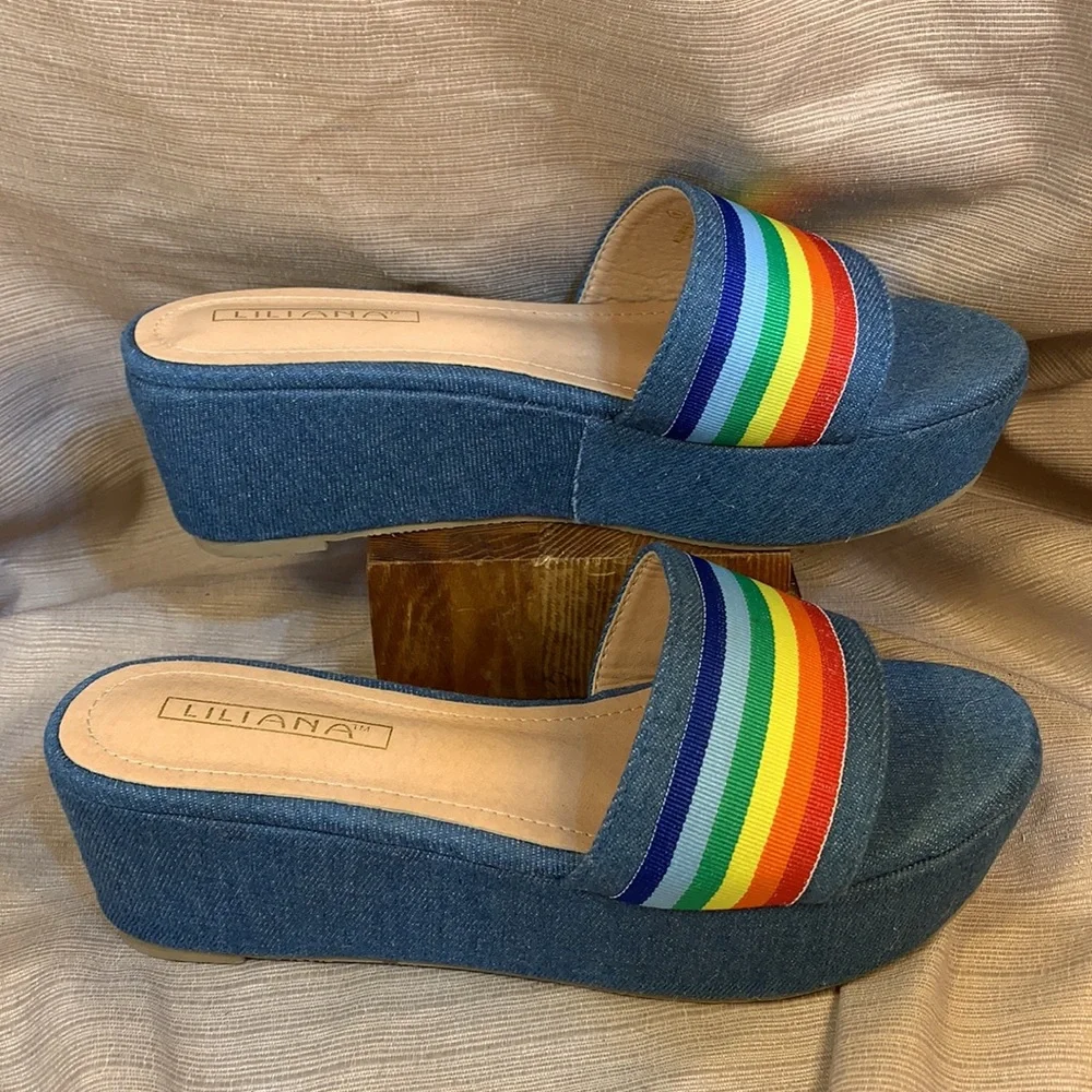 Liliana almost NEW worn once denim/rainbow sandals